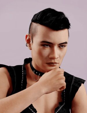 Asian man with dark makeup, short hair, piercings