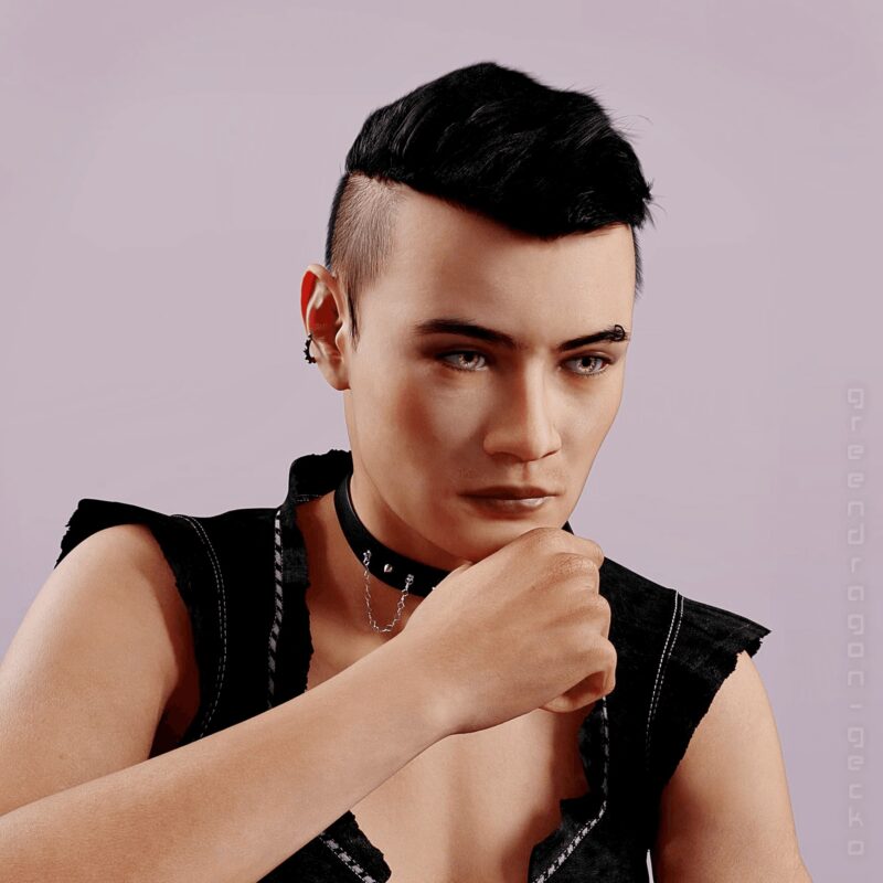 Asian man with dark makeup, short hair, piercings