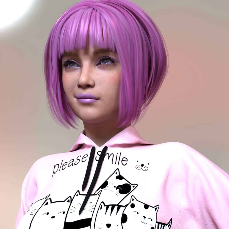 teenage girl with violet makeup and violet bob hair