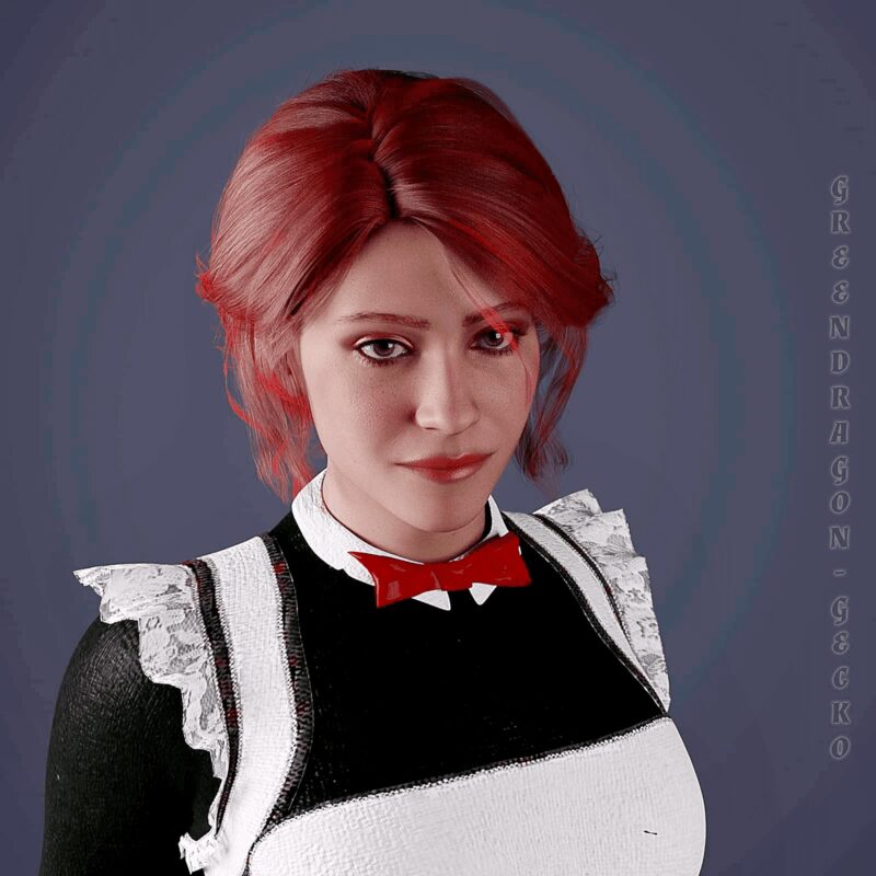 women in maid dress with red makeup and red hair