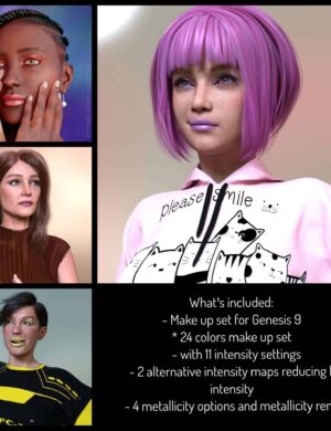 Promo image, with 4 portraits showing different makeup settings and text stating content of the make up set. 24 colors, 11 entensities, 2 alternative maps, 4 metalicity options with 8 colors