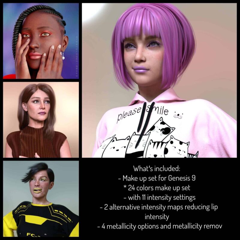 Promo image, with 4 portraits showing different makeup settings and text stating content of the make up set. 24 colors, 11 entensities, 2 alternative maps, 4 metalicity options with 8 colors