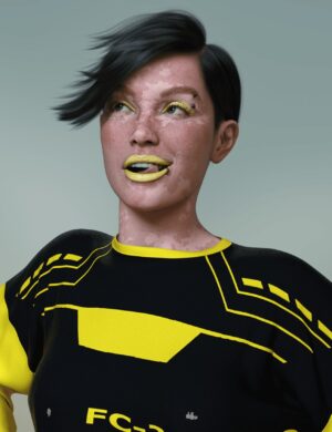 women with vitiligo and yellow make up, short black hair and funny face