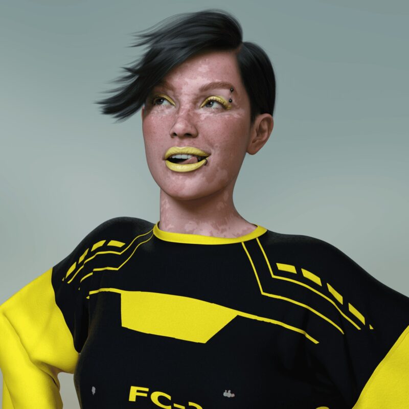 women with vitiligo and yellow make up, short black hair and funny face