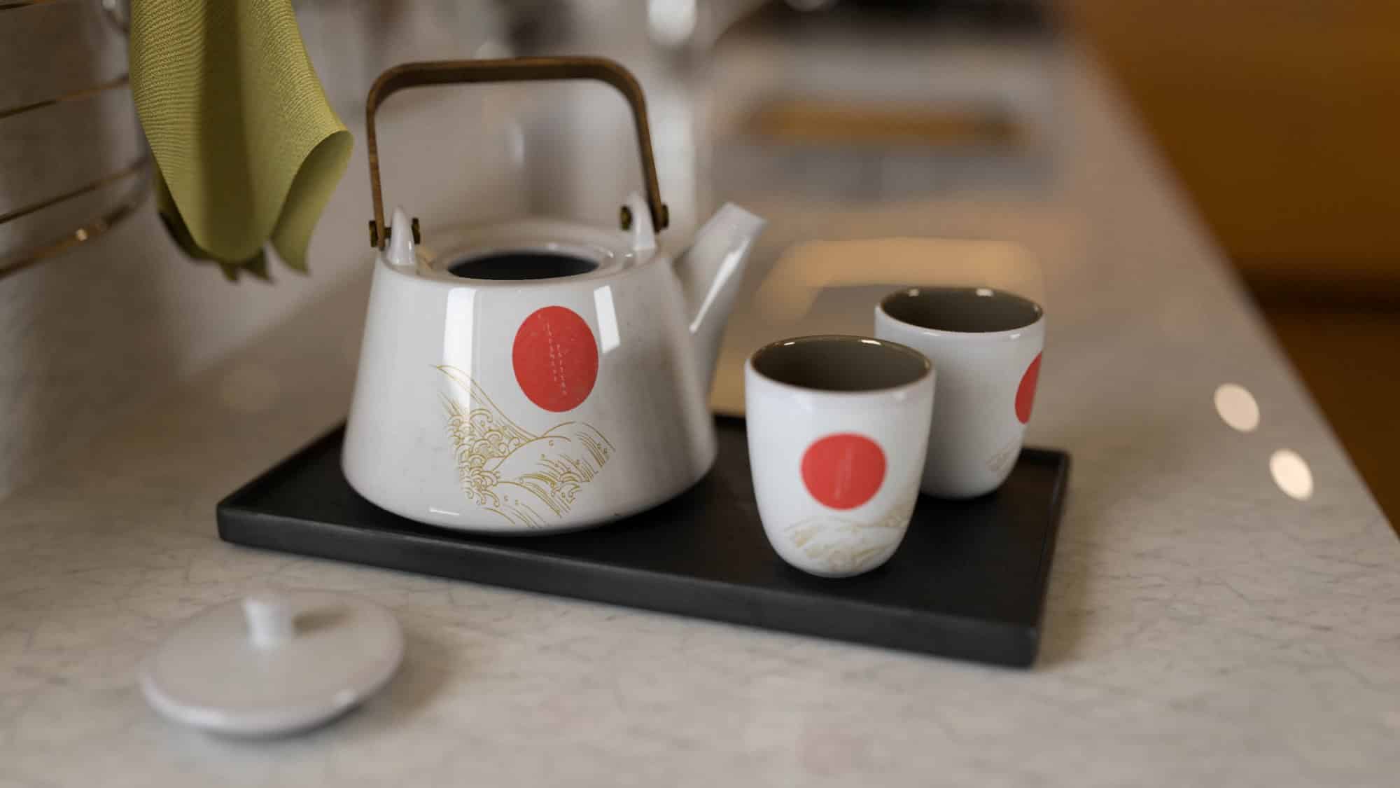 Daz Studio Asian tea set prop with white teapot, cups, and black tray.