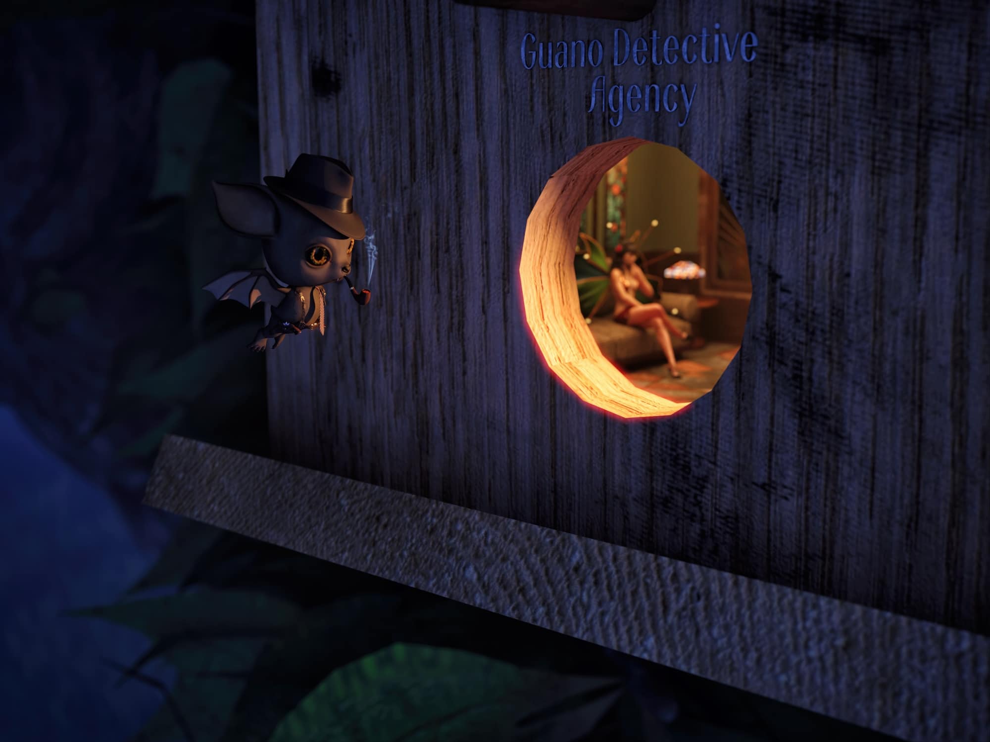 Free Daz3D birdhouse prop with bat detective and glowing Guano Detective Agency