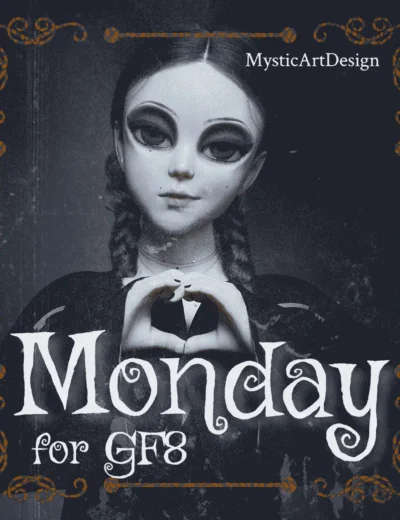 Gothic girl with heart gesture, dark fantasy style, ornate frame, haunting elegance, Monday theme.