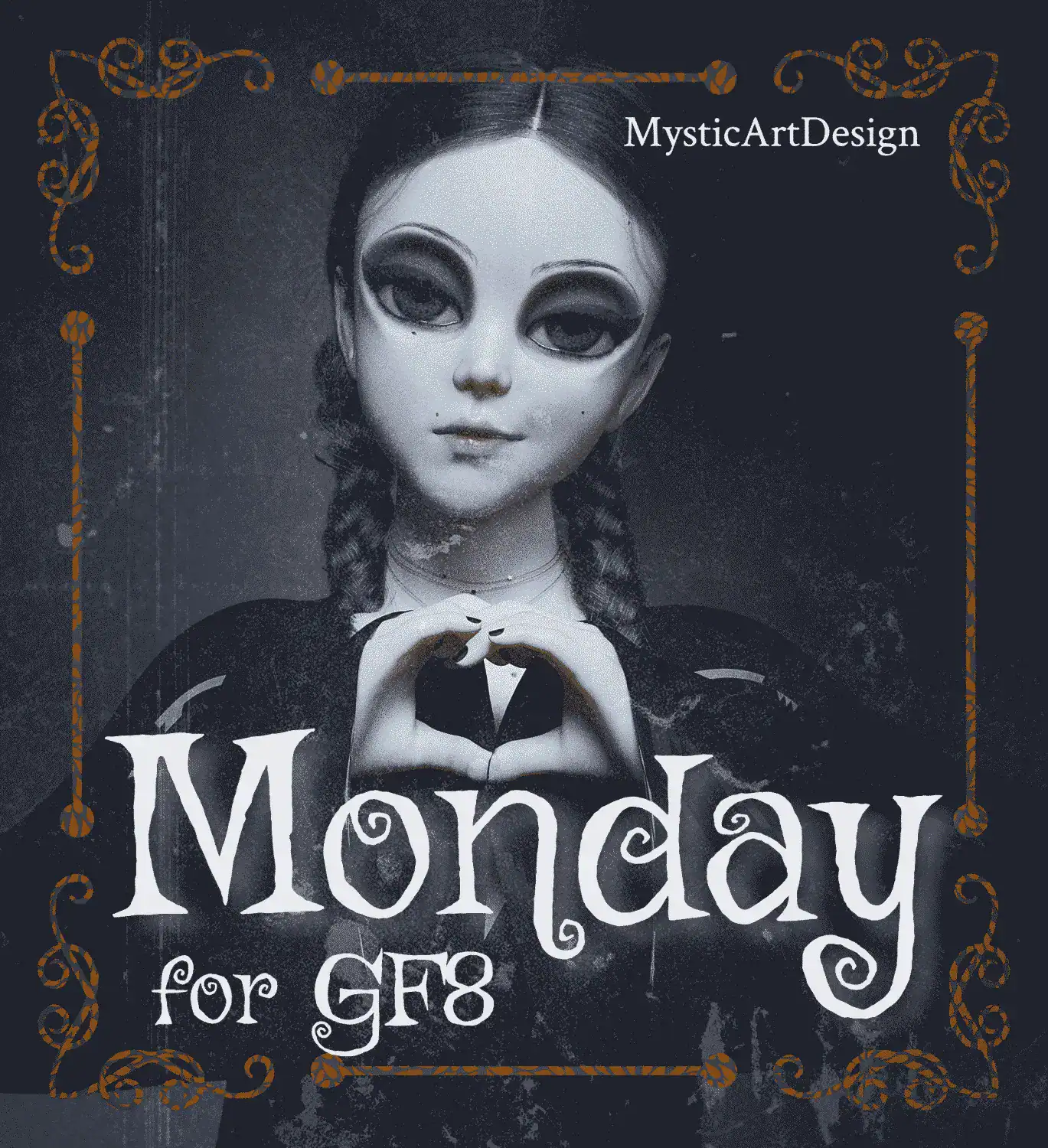 Gothic girl with heart gesture, dark fantasy style, ornate frame, haunting elegance, Monday theme.
