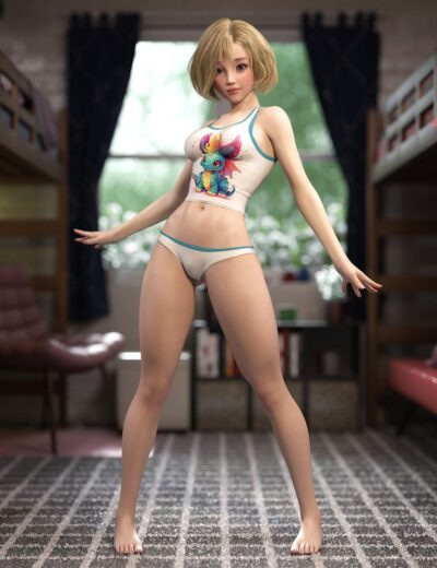 Cute 3d female character in casual sleepwear featuring a colorful dragon graphic, in a cozy bedroom setting, showcasing realistic textures and detailed modeling for Daz3D assets and 3D character assets.