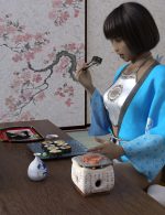 Young woman in kimono enjoying sushi in traditional Japanese room with cherry blossom decor.