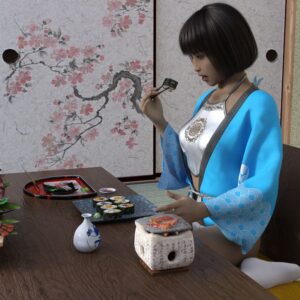 Young woman in kimono enjoying sushi in traditional Japanese room with cherry blossom decor.