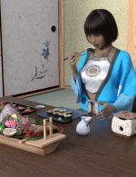 Kimono woman savoring sushi in elegant Japanese dining room with floral shoji doors and traditional decor.