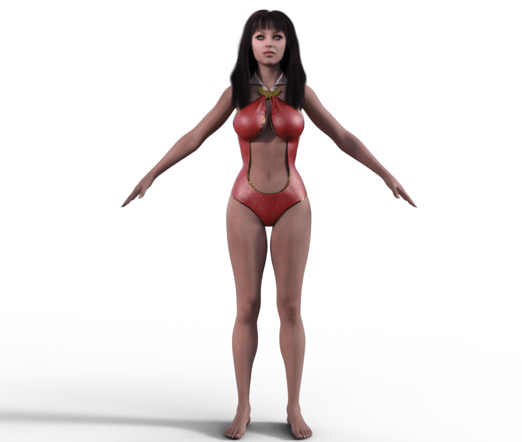 3D female model in red latex bodysuit with sheer details, T-pose, against black background.