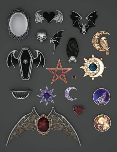 DAZ gothic jewellery props for Genesis 8 and 9 with bats, skulls, moons, and pentagrams.