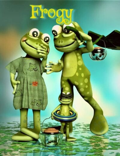 Whimsical Daz toon frogs posing in a dreamy fantasy pond beneath the yellow “Frogy” title.