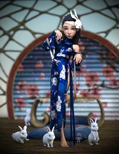 DAZ Genesis 9 Asian fantasy woman in blue rabbit outfit with glossy shaders.