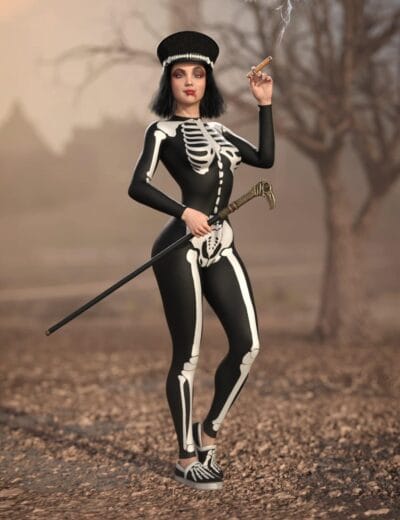 Daz Studio gothic woman in a skeleton bodysuit holding a cane in a misty woodland.