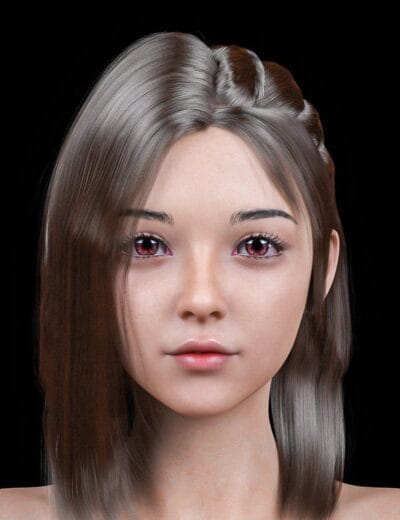 Realistic Daz Studio 3D female character with brown braided hair and pink-red eyes.