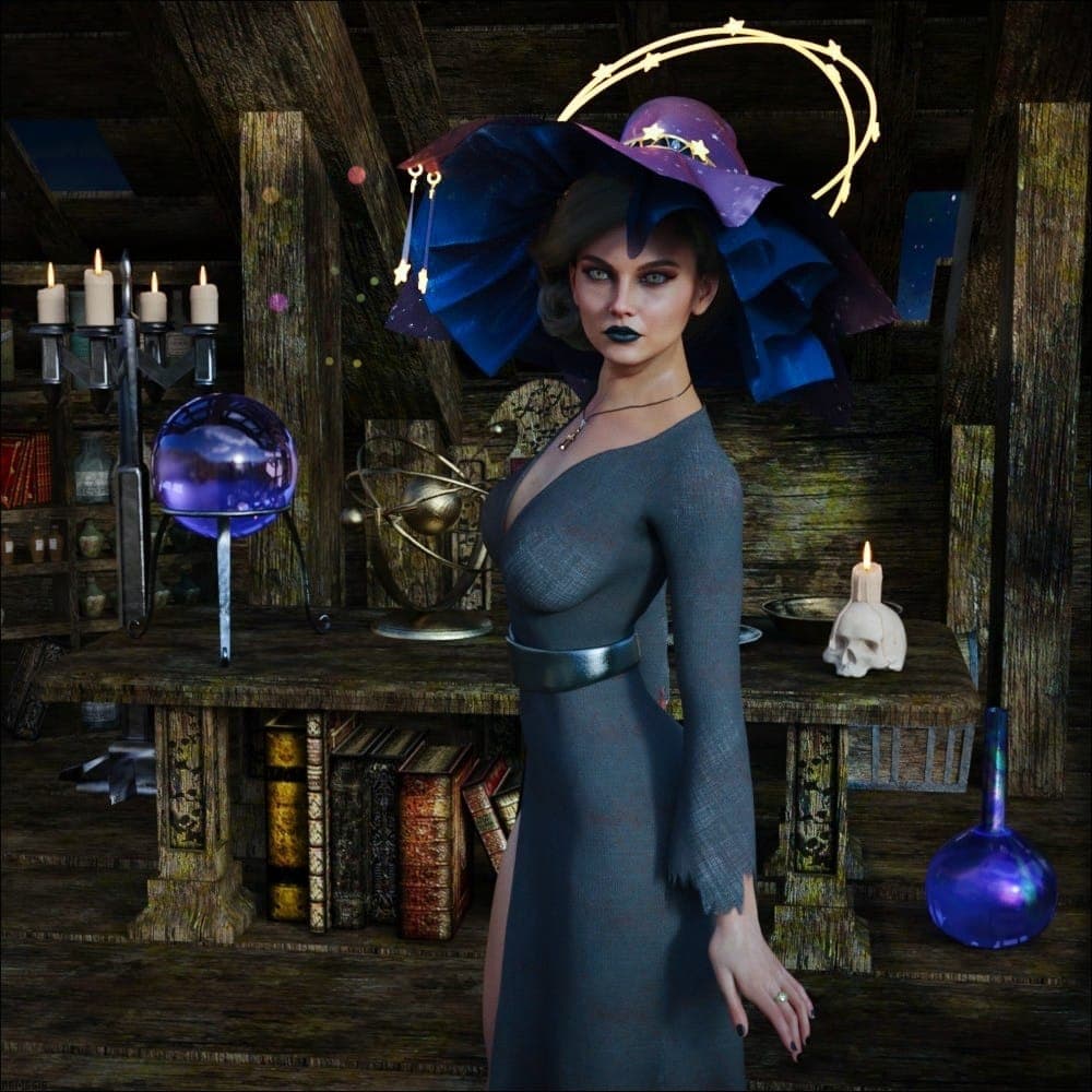 Enchantress with celestial hat among mystical artifacts in her arcane attic sanctuary.