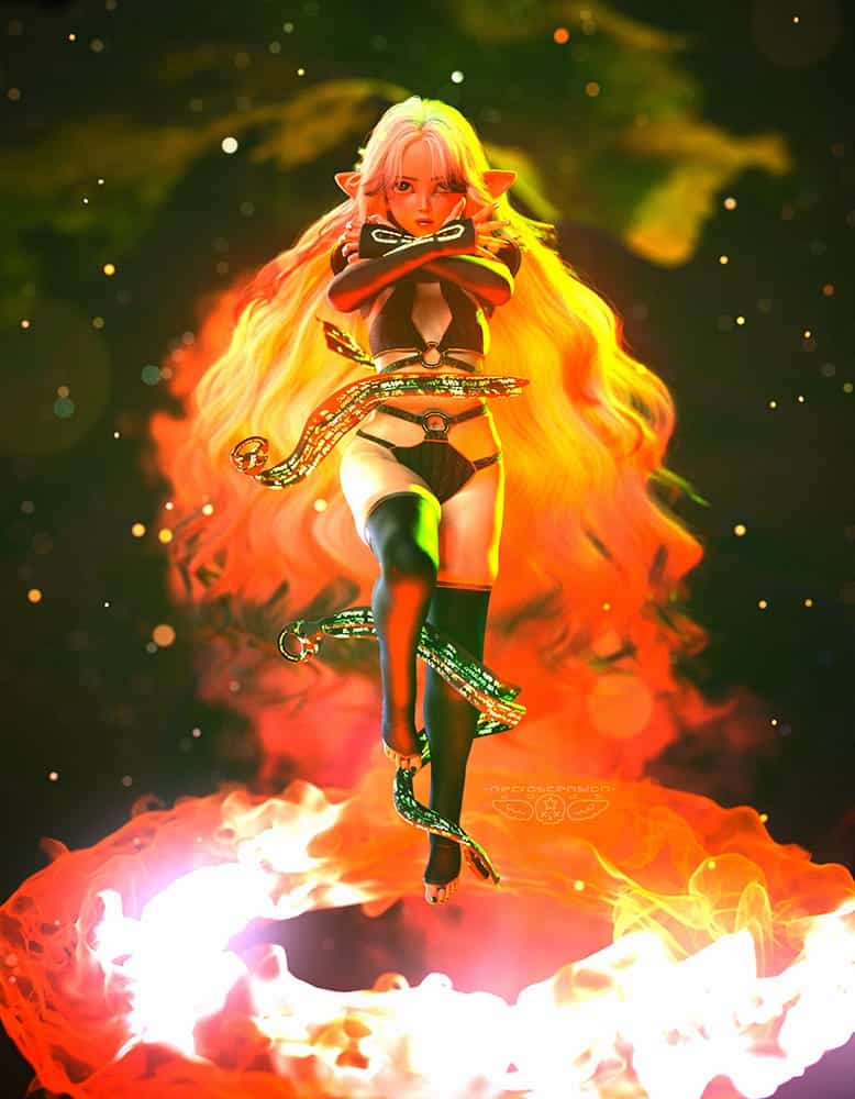 Fierce elf mage summoning cosmic fire amid swirling flames and starry energy in a cyber-fantasy scene.