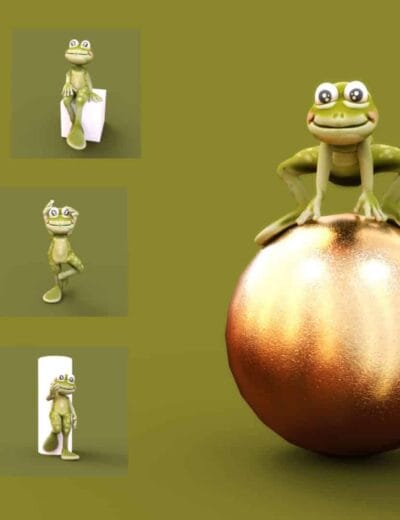 Whimsical green frog balancing on a bronze sphere beside Daz Studio pose studies.