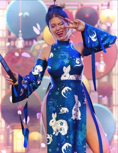 Asian woman models a celestial blue Daz Genesis 9 outfit while winking and posing.