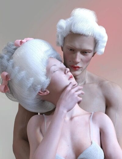Genesis 8 Daz figures wearing ornate white Rococo hair in a dreamy pastel portrait.