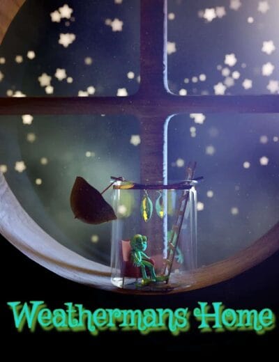 Whimsical DAZ toon winter environment with a tiny green weatherman beneath a snowy round window.