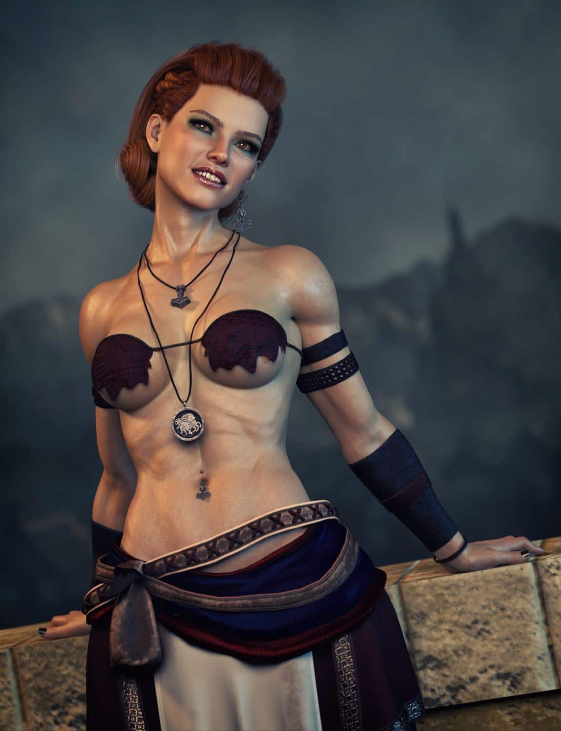 Nordic Mjolnir Jewelry & Weapons for Genesis 8 & 9 — Norse Jewelry & Prop Pack for DAZ 3D 2 Auburn-haired Celtic fantasy warrior wearing DAZ armor and Mjolnir jewelry in misty mountains.