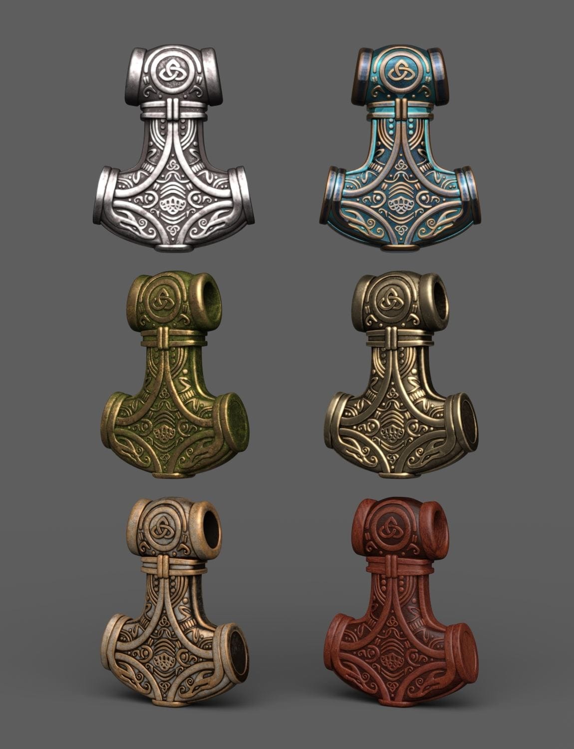 Nordic Mjolnir Jewelry & Weapons for Genesis 8 & 9 — Norse Jewelry & Prop Pack for DAZ 3D 10 Six Celtic Mjolnir pendants and Daz weapon props in ornate metallic finishes.