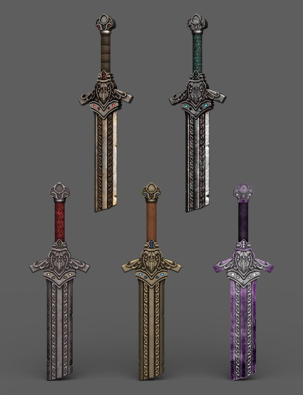Nordic Mjolnir Jewelry & Weapons for Genesis 8 & 9 — Norse Jewelry & Prop Pack for DAZ 3D 9 Five ornate Celtic fantasy sword props for DAZ characters in bronze, teal, red, gold, and purple.