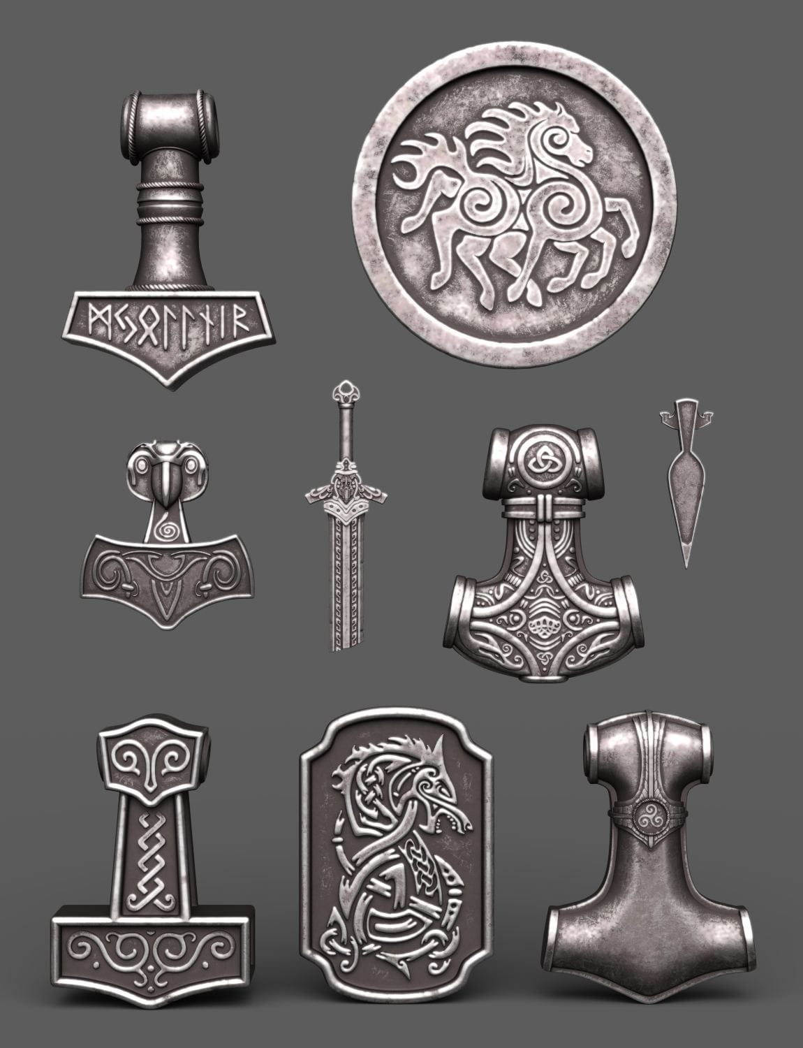 Nordic Mjolnir Jewelry & Weapons for Genesis 8 & 9 — Norse Jewelry & Prop Pack for DAZ 3D 11 DAZ Nordic Mjolnir jewelry and weapon props with Celtic knotwork, runes, and dragons.