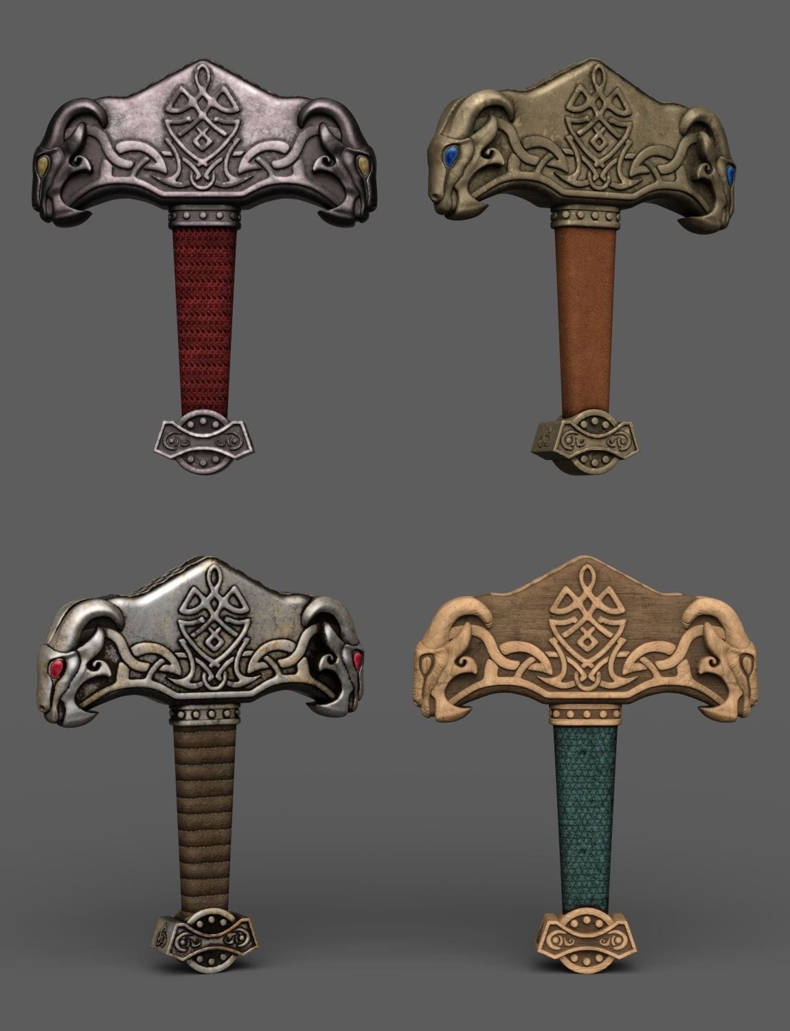 Nordic Mjolnir Jewelry & Weapons for Genesis 8 & 9 — Norse Jewelry & Prop Pack for DAZ 3D 8 Four Daz Celtic Mjolnir war hammer props with ornate animal carvings and colorful handles.
