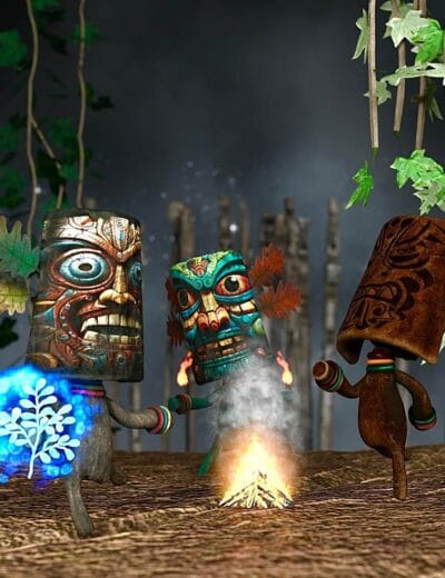 Three fantasy forest spirits gather around a mystical fire in colorful DAZ 3D art.