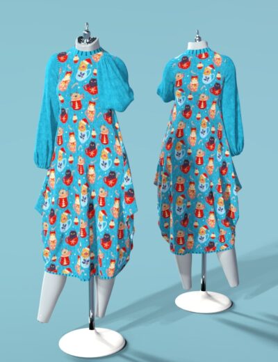 Two Genesis 9 dress forms model turquoise doll-print dresses with gathered necklines and flared skirts.