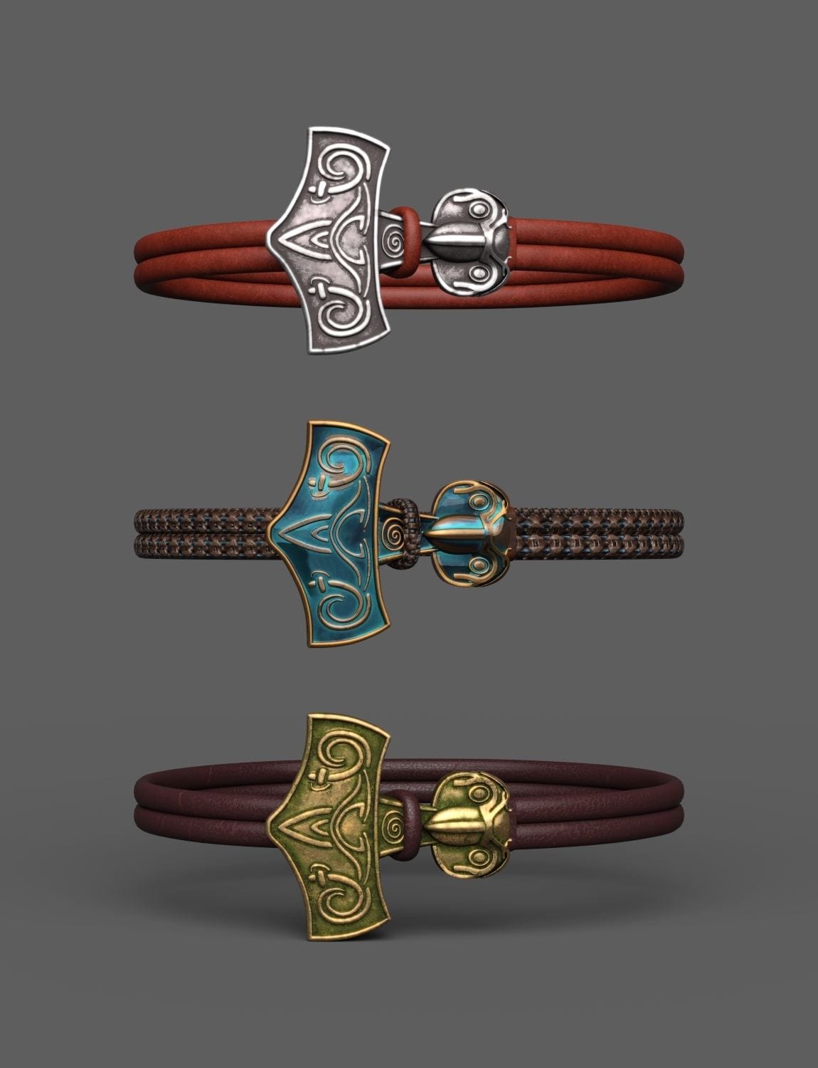 Nordic Mjolnir Jewelry & Weapons for Genesis 8 & 9 — Norse Jewelry & Prop Pack for DAZ 3D 12 Three Daz Mjolnir bracelet props with braided leather cords and ornate Celtic hammer details.
