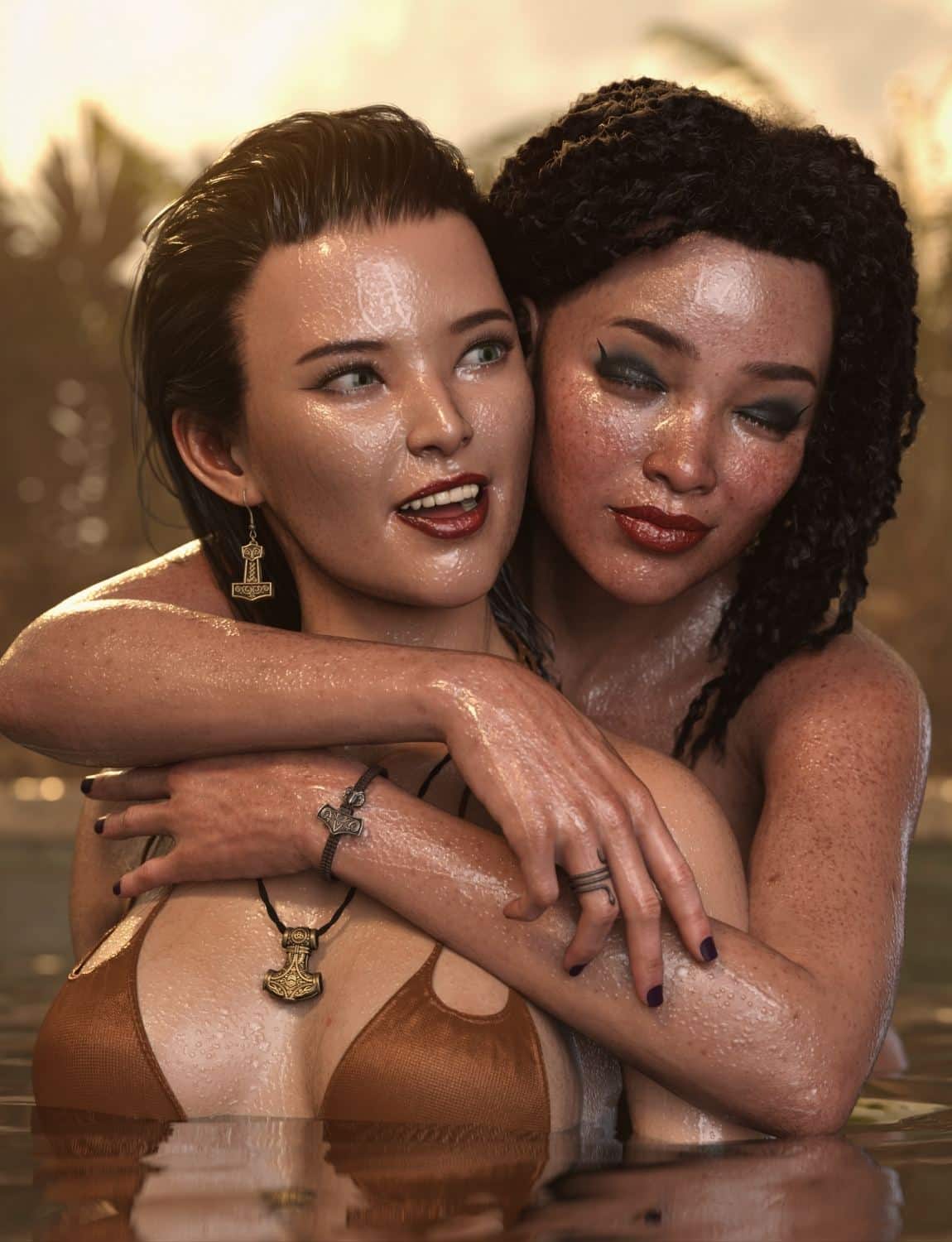 Nordic Mjolnir Jewelry & Weapons for Genesis 8 & 9 — Norse Jewelry & Prop Pack for DAZ 3D 5 DAZ-rendered women embracing in golden water while wearing Celtic jewelry.