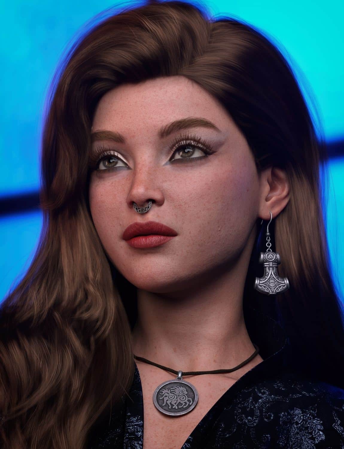 Nordic Mjolnir Jewelry & Weapons for Genesis 8 & 9 — Norse Jewelry & Prop Pack for DAZ 3D 7 DAZ Celtic fantasy portrait of a freckled woman wearing Mjolnir jewelry against a turquoise background.