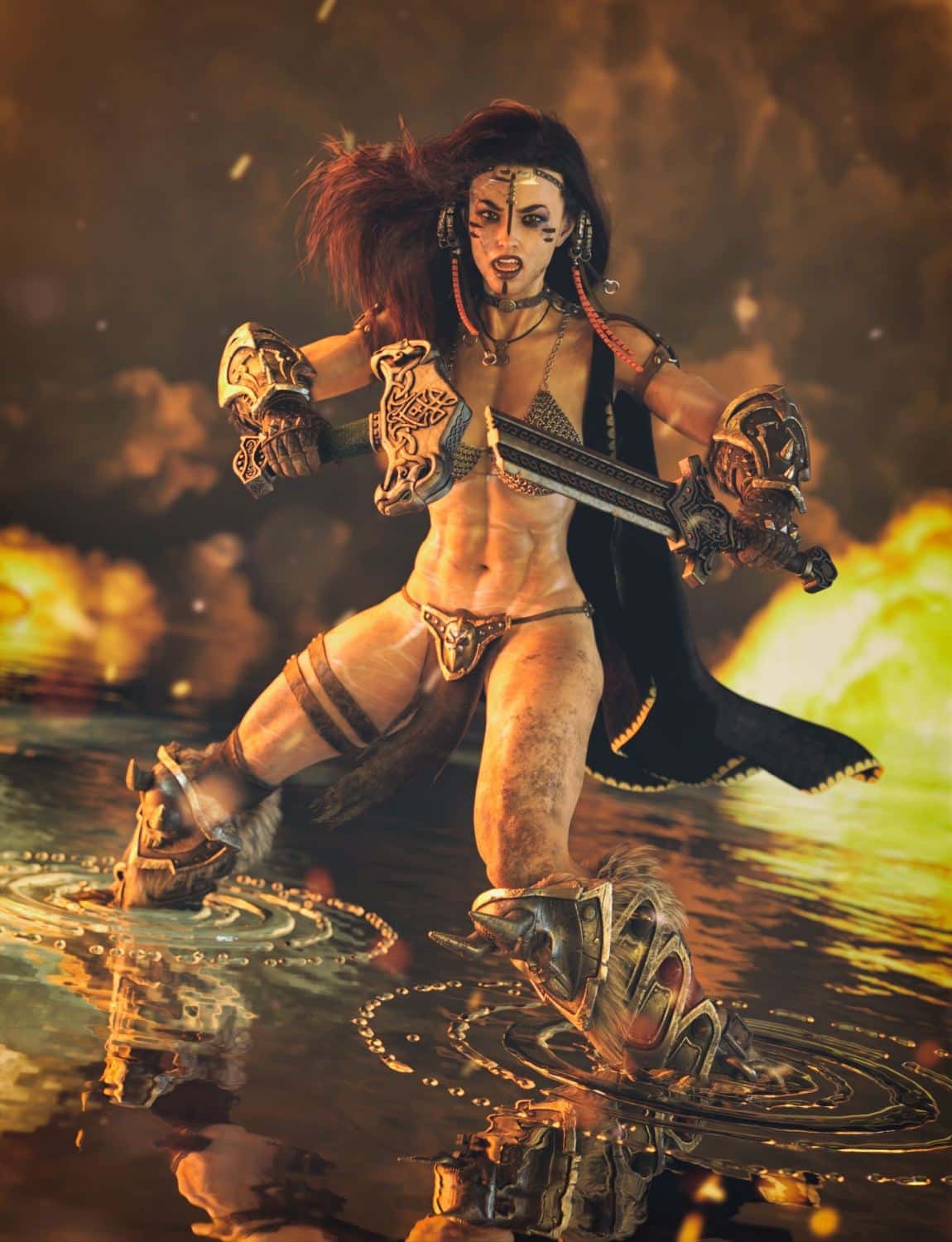 Nordic Mjolnir Jewelry & Weapons for Genesis 8 & 9 — Norse Jewelry & Prop Pack for DAZ 3D 4 Celtic fantasy warrior wielding ornate Mjolnir weapons in fiery waters.