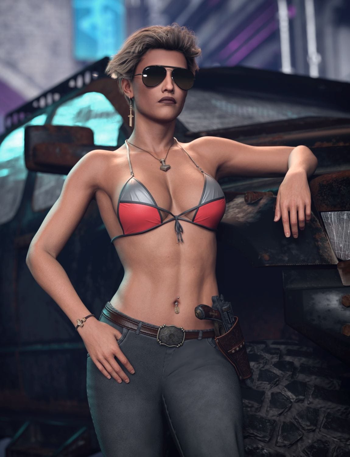 Nordic Mjolnir Jewelry & Weapons for Genesis 8 & 9 — Norse Jewelry & Prop Pack for DAZ 3D 6 Daz heroine wearing Celtic jewelry leans against a rugged vehicle in a futuristic city.