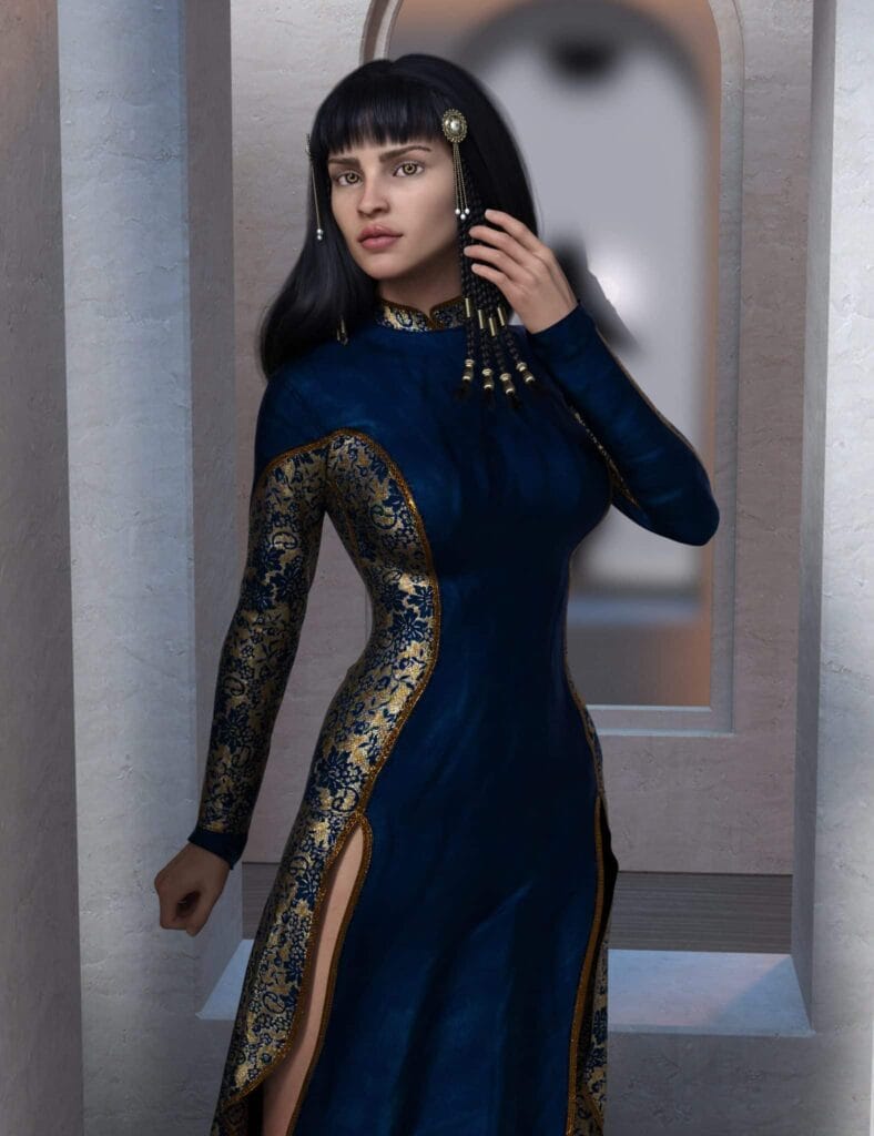 Dark-haired woman models an ornate navy and gold fantasy dress in an arched stone hallway.