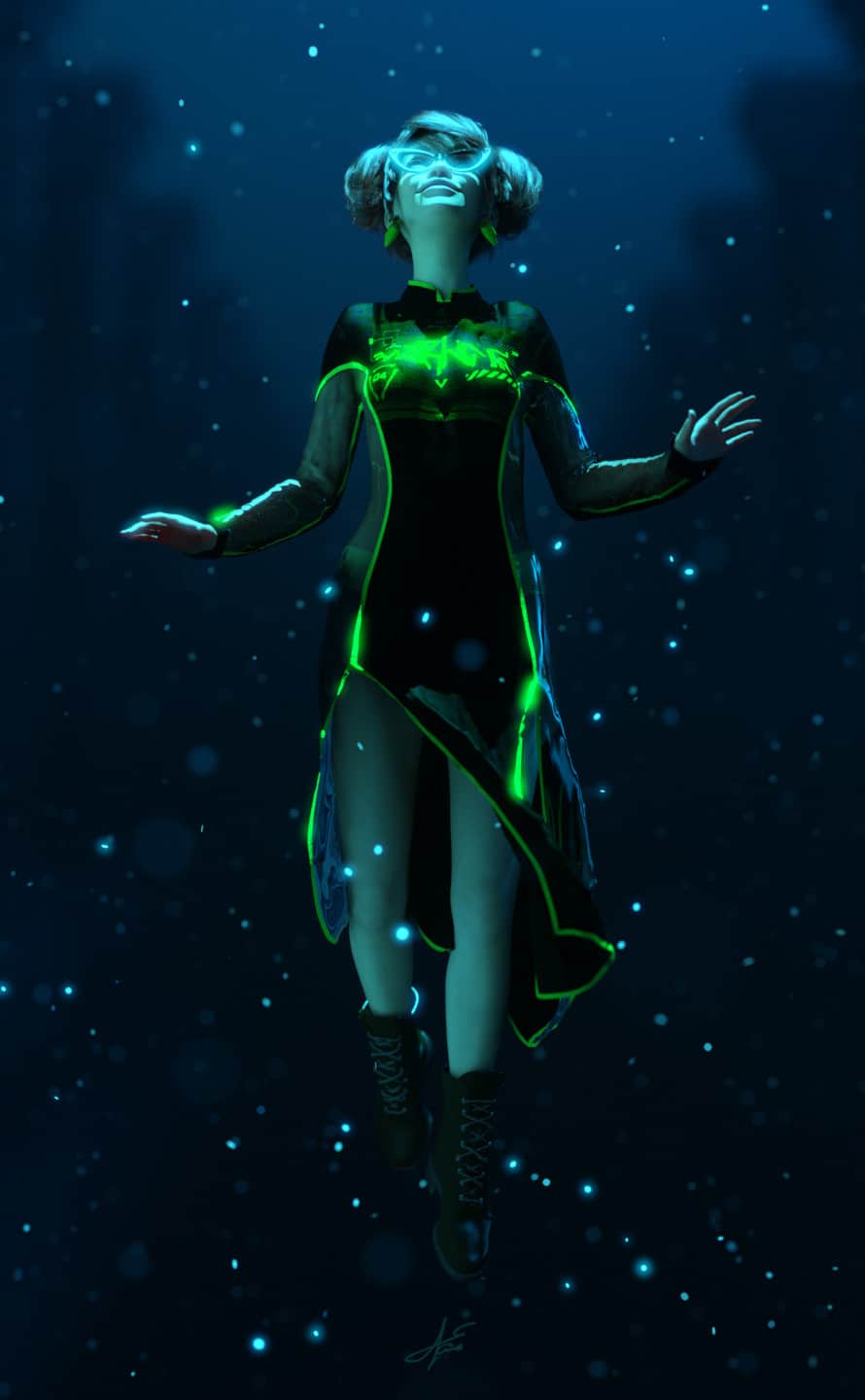 Futuristic woman floating in neon green sci-fi dress amid cosmic particles