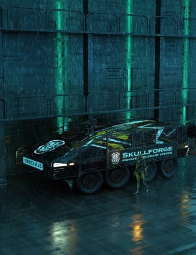 Skullforge futuristic APC vehicle and armored guard in a rainy neon-lit Daz Studio scene.