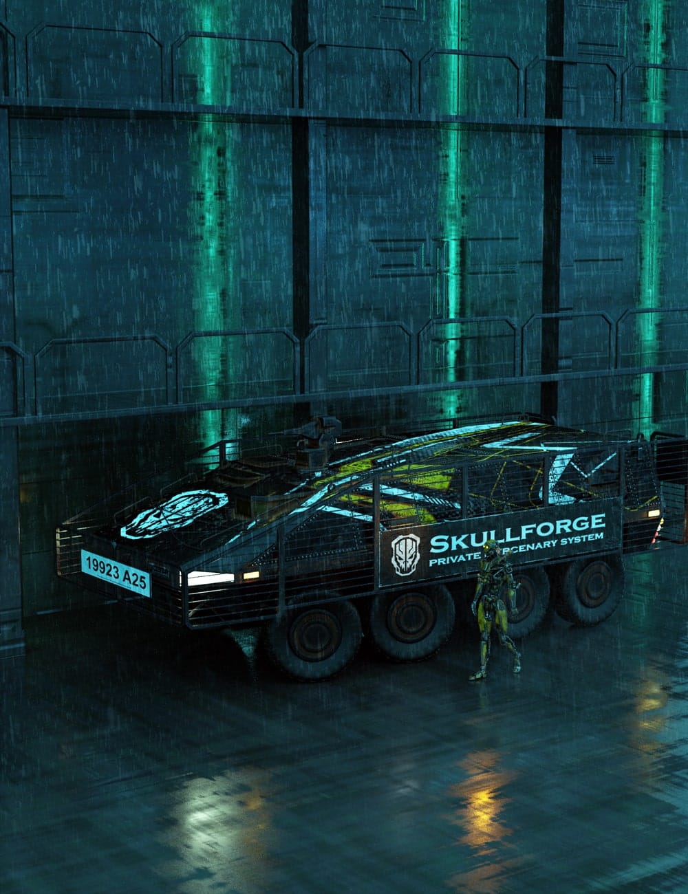 Skullforge futuristic APC vehicle and armored guard in a rainy neon-lit Daz Studio scene.