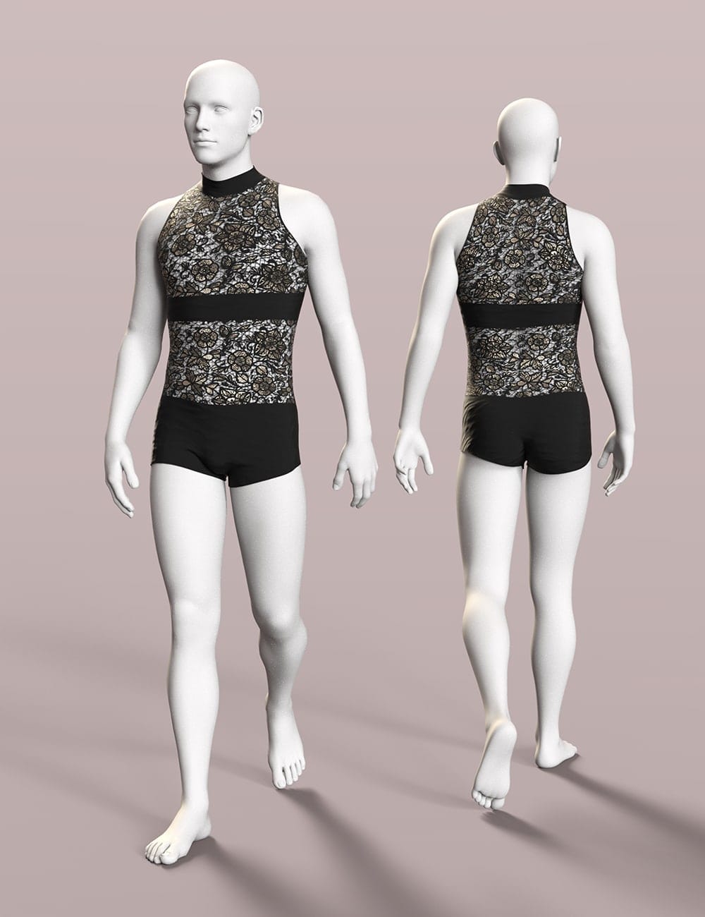 Front and back views of a black lace male bodysuit on white mannequins.