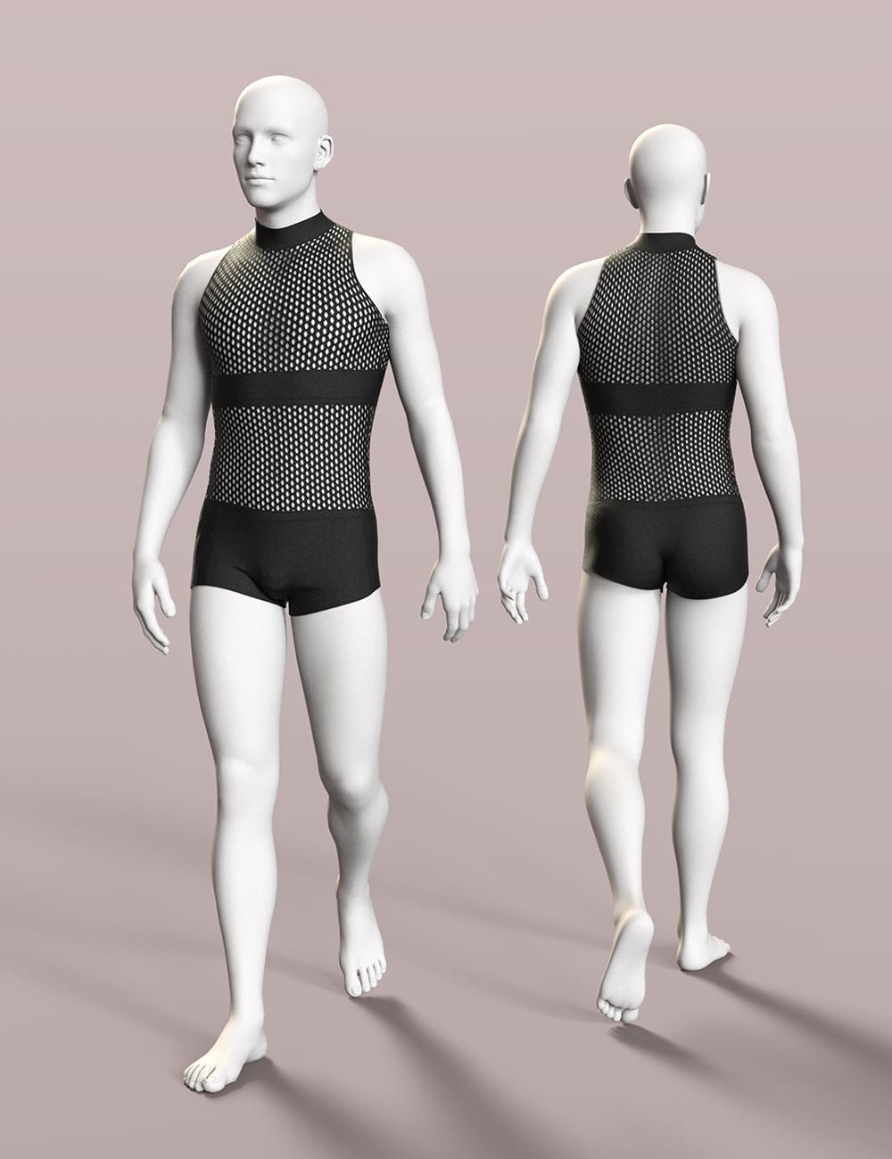 Front and back views of black mesh sleeveless bodysuit on white mannequins.