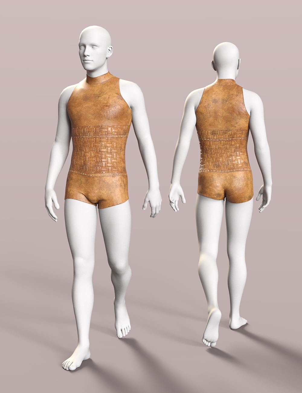 Front and back views of a brown-gold metallic bodysuit with geometric waist detailing.