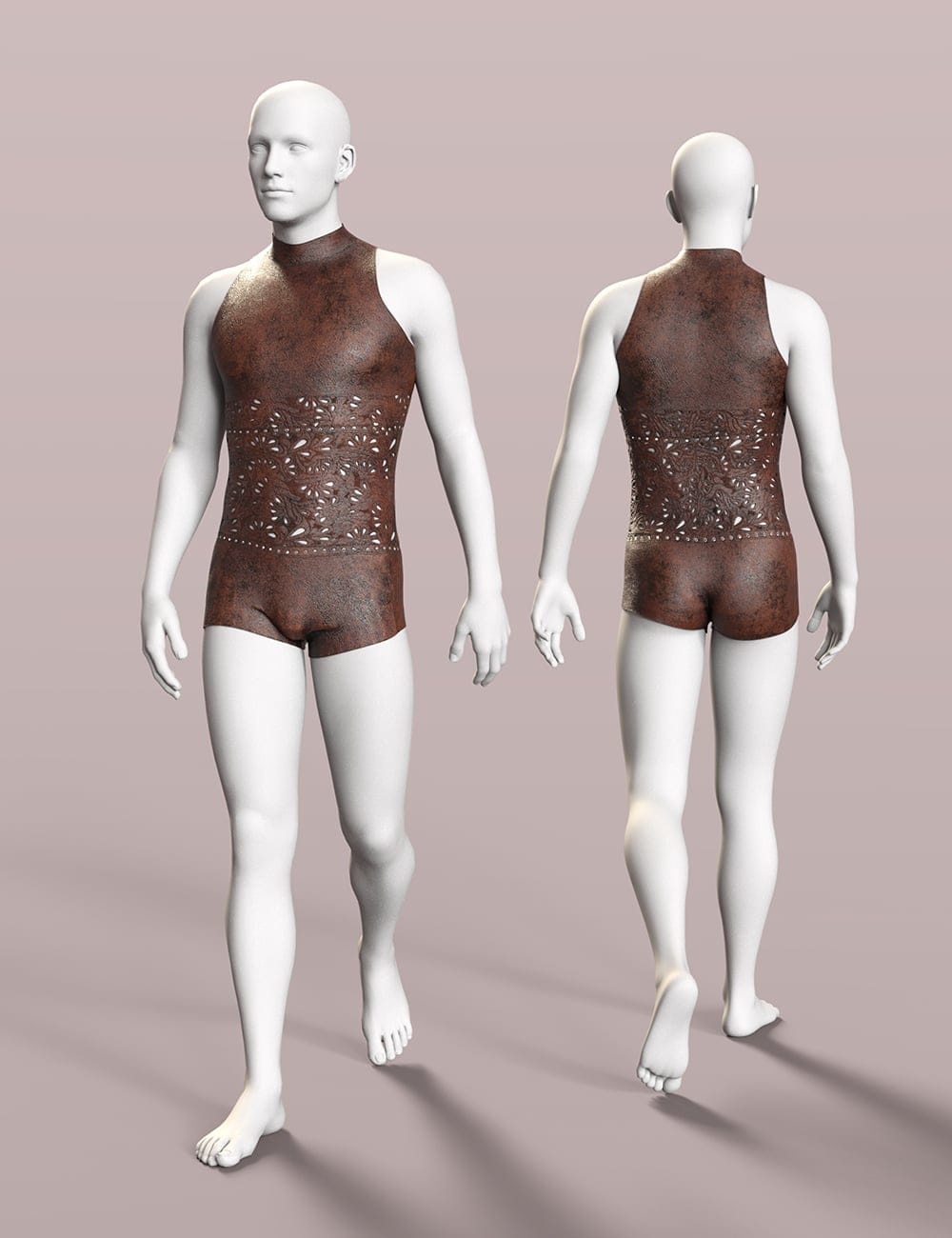 Front and back views of male mannequins wearing an ornate brown leather bodysuit.