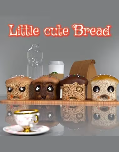 Four cute DAZ toon bread characters on a cozy café shelf beside a floral teacup.