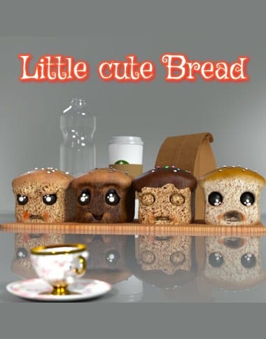 Four cute DAZ toon bread characters on a cozy café shelf beside a floral teacup.